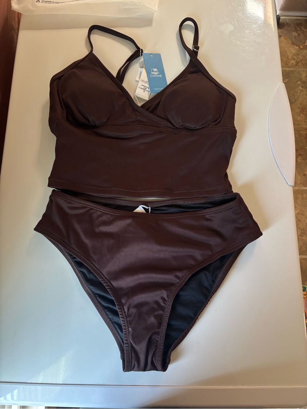 Cupshe Chocolate Brown Ribbed Tankini Bikini Set